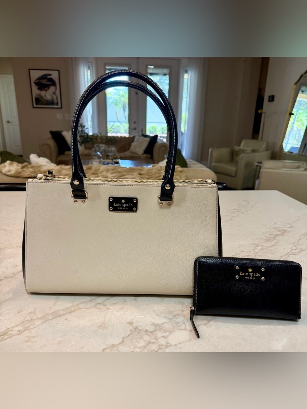 kate spade Cream and Black Leather Tote with Matching Wallet